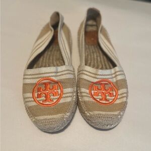 Tori Burch Canvas Striped Orange Logo Embroidered Jute Espadrille Flat Size 8
